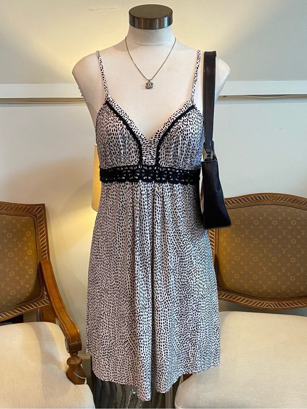Studio Donatella Black & White Polka Dot Dalmation Lace-Trim Mini Slip Dress, M